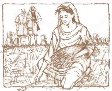 Woman in field picking grain with men watching - Profiles of Faith: Ruth - An Ex