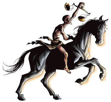 Black horse of famine described in <A NAME="scrip.auto1.rev.6.s7"><A TARGET="_blank" HREF="http://www.churchofgodtwincities.org/htmlbible2/rev006.htm">Revelation 6</A>.