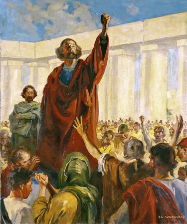 Painting of teacher teaching a crowd.
