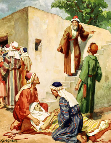 ... illustrating the four men lowering <b>the paralytic</b> man into the room