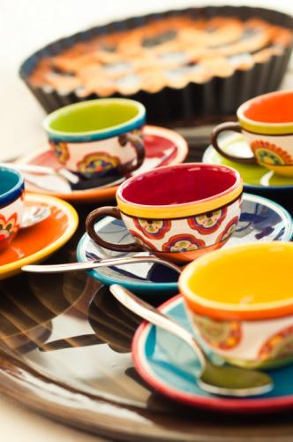 Brightly Colored Espresso Cups And A Tart - Keep It Simple, Warm and Cozy