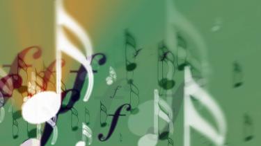 Green background with floating notes and music symbols - Melody in Our Hearts