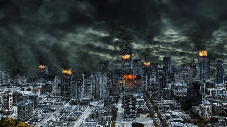 Many biblical prophecies attest—unless there is massive and widespread change in humanity’s rejection of God, we’ll see global nuclear devastation. Illustration of burning large city.