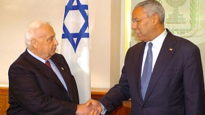 Colin Powell meets with Israeli Prime Minister Ariel Sharon. 