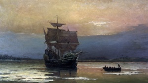 "Mayflower in Plymouth Harbor," by William Halsall, 1882 at Pilgrim Hall Museum, Plymouth, Massachusetts, USA