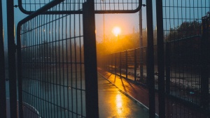 A metal fence with its gate opening. The sun is rising in the background.