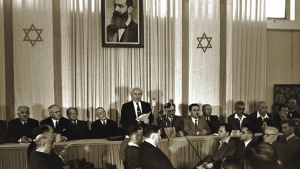 David Ben Gurion, Israel’s first prime minister, declares the birth of the modern state of Israel on May 15, 1948, just before the British Mandate was due to end.