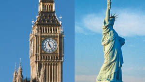 El reloj Big Ben en London, Inglaterra y la Estatua de la Libertad en Nueva York, Estados Unidos. 