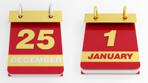 A calendar that shows December 25 and January 1.