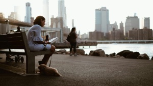 A woman sitting on a park bench reading.