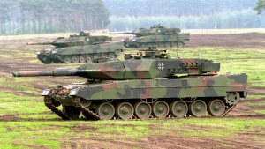 German Leopard 2 battle tanks on maneuvers.