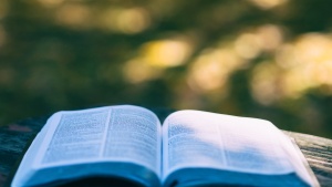 A open Bible laying on a table.