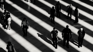 A crowd of people walking.