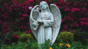 Uma estátua de um anjo em um jardim.