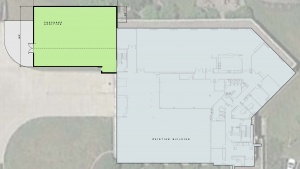 The green shows where the addition of the new studios will be placed on the building. 