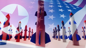 Photo illustration of missiles, the North Korean flag and the United States flag.