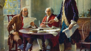 Artist rendition of Benjamin Franklin, John Adams and Thomas Jefferson drafting the Declaration of Independence.