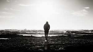 A silhouette of a person walking towards water.