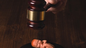 An illustration of newborn baby laying below a judge's gavel.