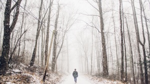 A person walking on a path in the woods covered with snow.