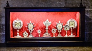 Relics in glass case.