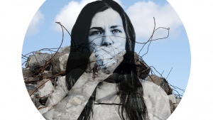 Girl with hand over her mouth superimposed on broken wall exposing rebar