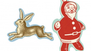 a Santa and Easter bunny cartoon cut out