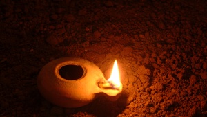 A clay oil lamp.