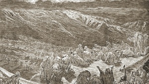 An illustration of the Israelites at Mount Sinai. 