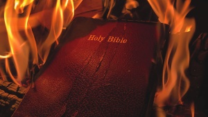 A burning Bible.