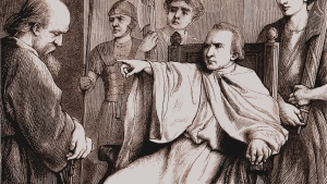 Artist’s conception of Polycarp being threatened by the Roman ruler.