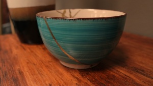 green-blue bowl with golden joinery