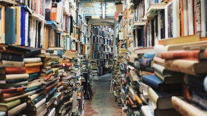 Lots of books on shelves in a small room