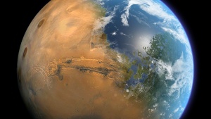 Photo illustration of a merging of Earth and Mars from outerspace.