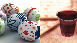 Easter eggs and a small cup of wine.