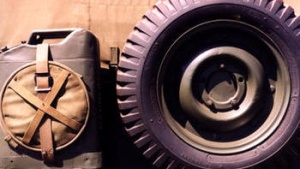 spare jeep wheel and water tank