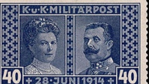 Postage stamp in memory of archduke Franz-Ferdinand and his wife Sophie.