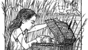 Illustration of Miriam watching over Moses in a basket on the Nile River.