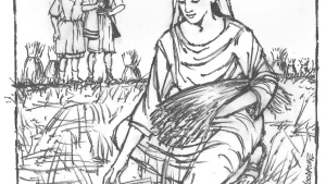 Illustration of Ruth picking grain.