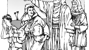 Illustration of Abraham and Sarah sending Hagar and Ishmael away.