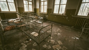 Metal frames of children's beds are all that are left in this abandoned room from the 1986 Chernobyl disaster.