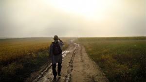 A man walking on a dirt path.