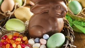 Chocolate Easter bunny in basket.