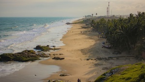 a shoreline with water and waves on one side and sand and greenery on the other