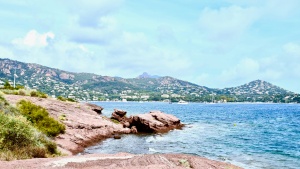 water by a red coast with a city in the background