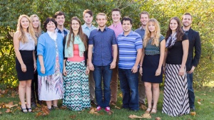 Back row: Stephanie Tomes, Jason Lovrien, Noah Boyd, Aaron Jennings, Alex Love and Chris Sylvester. Front row: Sonia Carlson, Joanie Nessa, Julia Weaner, Caleb Greene, Gabriel Lagos, Sarah Lucassen and Jennifer Iiams. 