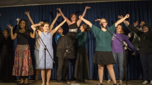 As part of the annual Charity Auction tradition, ABC students put on a variety show in between auctioning off cakes and other sweet treats. Here are some of the current ABC students in the last act of the show. 