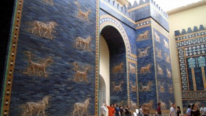 Photo of the reconstruction of the Babylonian Ishtar Gate in the Pergamon Museum, Berlin.