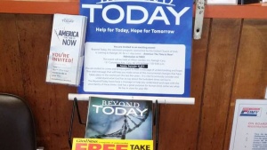 A display in a store of the Beyond Today magazines and Beyond Today Live event brochures. 