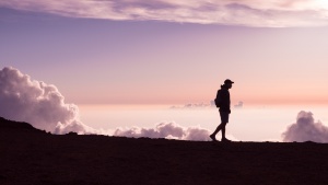Photo of the the silhouette of a person walking against a sunset purple sky.